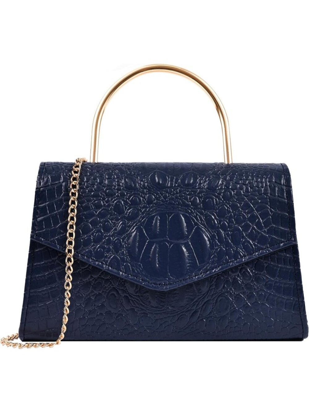 Women's Navy Vegan Leather Evening Bag Clutch Modern Purse with Chain Strap